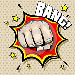 Hitting fist, bang in pop art style vector illustration. struggle concept background