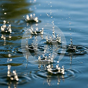 Hitting a water surface, creating circular ripples and splash