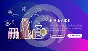 HIV and AIDs concept: doctor with blood test. Thin line icons: safe sex, blood transfusion, antiviral drugs, physical examination