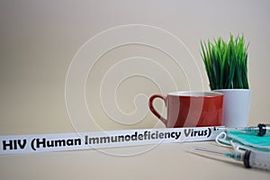 HIV Human Immunodeficiency Virus text, grass pot, coffee cup, syringe, and face green mask.