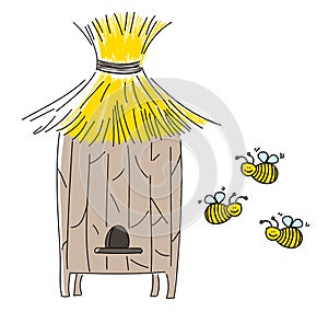 Hive and three funny bees vector illustration