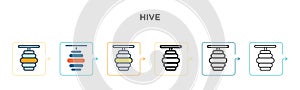 Hive vector icon in 6 different modern styles. Black, two colored hive icons designed in filled, outline, line and stroke style.