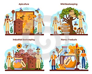 Hiver or beekeeper concept set. Apiculture farmer gathering honey.