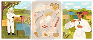 Hiver or beekeeper in uniform at apiary vector scene set