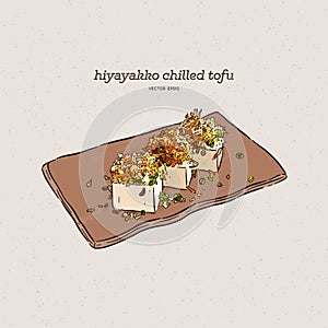 Hiyayakko is Japanese chilled tofu, hand draw sketch vector