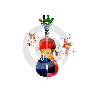 Creative music concept vector illustration, colorful giraffe hipster with butterflies. Giraffe head violoncello, hipster animals