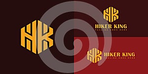 HK or KH initial letters hexagon logo in gold color isolated on multiple red backgrounds