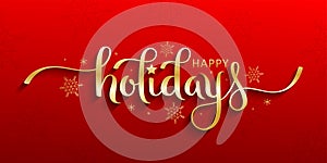 HAPPY HOLIDAYS gold brush calligraphy banner on red background