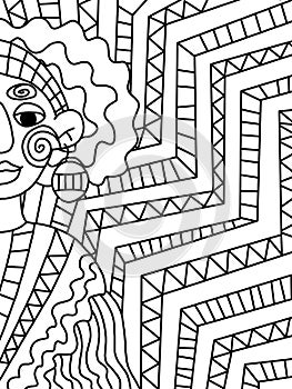 Hlf of old voodoo woman on geometrical back coloring page for kids and adults.