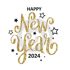 HAPPY NEW YEAR 2024 gold and black calligraphy banner card