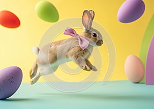 Hliday easter rabbit with bow jumping and decorated easter eggs flying around, isolated on neutral background