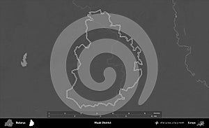 Hlusk District outlined, Belarus. Grayscale