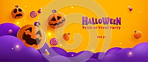 Happy Halloween. Group of 3D illustration pumpkin on treat or trick fun party celebration background design