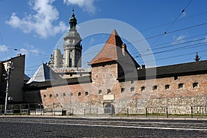 Hlyniany Gate and Bernardine Monastery and Church in city of Lviv, Ukraine