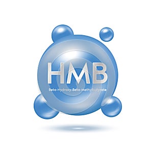 HMB Pill nutrients that help strengthen slow down the deterioration muscle. Icon blue isolated white backg