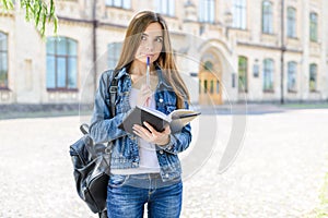 Hmm! Intelligence people life style jeans concept. Close up photo portrait of cute beautiful lovely clever smart girl holding penc