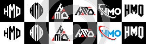 HMO letter logo design in six style. HMO polygon, circle, triangle, hexagon, flat and simple style with black and white color photo