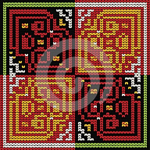 Hmong Ethnic Folk Tile Pattern Black Red Gold Maze Design