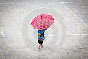 hmong girl with big red umbrella in Sa Pa, Lao Cai, Vietnam