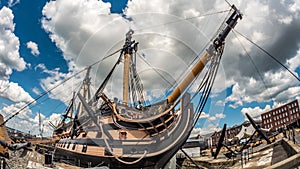 HMS Victory docked in Portsmouth. It was the flagship of admiral Nelson in Trafalgar