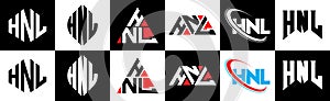 HNL letter logo design in six style. HNL polygon, circle, triangle, hexagon, flat and simple style with black and white color photo