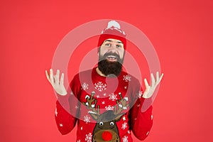 Ho ho ho. brutal hipster in knitted hat. wear christmas mood. knitwear male fashion. funny looking man. new year party