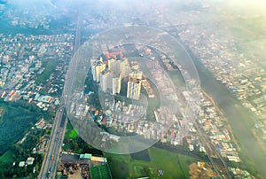 Ho Chi Minh City, Vietnam aerial view with residential area below