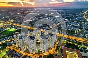 Ho Chi Minh City, Vietnam aerial view with residential area below