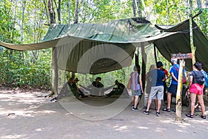 Ho Chi Minh City, Vietnam- November 9, 2022: Cu Chi Tunnels near Saigon, famous tourist attraction. Installation of the American