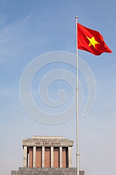 Ho Chi Minh Mausoleum with Vietnam Flag in Hanoi