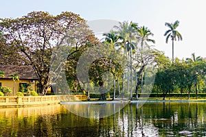 Ho Chi Minh`s Residence near the pond with fountain in Hanoi, Vietnam