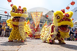 Ho Chi Minh, Vietnam - February 18, 2015 Lion dancing to celebrate Lunar New Year at Thien Hau Pagoda