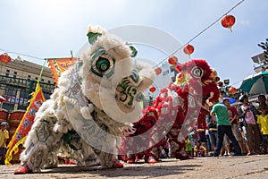 Ho Chi Minh, Vietnam - February 18, 2015 Lion dancing to celebrate Lunar New Year at Thien Hau Pagoda