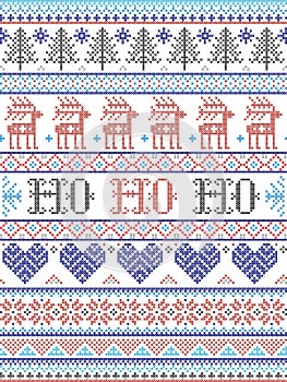 Ho Ho Ho  Christmas vector pattern with Scandinavian Nordic festive winter pattern in cross stitch with heart, snowflake, trees