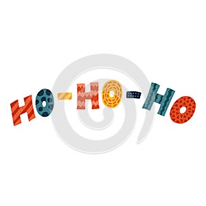 Ho-ho-ho. Cute isolated lettering with decor for popular holiday. Handwritten congratulation for Christmas. Phrase for posters,