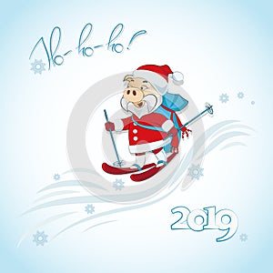 Ho-Ho-Ho! Funny Santa on skis and with a bag of gifts. Piglet dressed as Santa Claus.