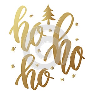 Ho ho ho. Lettering phrase in golden style on white background. Design element for poster, greeting card. photo
