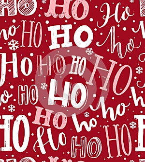 Ho ho ho pattern. Funny christmas background for gift wrapping. White lettering and hand drawn snow on red background