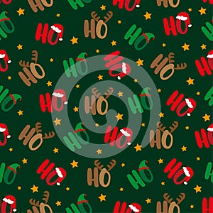 Ho Ho Ho seamless pattern with santa`s hat, deer antler, and elf hat. Islolated on green background.