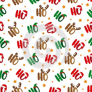 Ho Ho Ho seamless pattern with santa`s hat, deer antler, and elf hat. Islolated on white background.