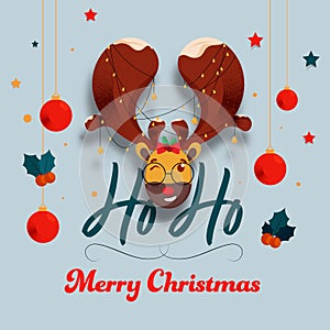 Ho Ho Merry Christmas Text with Cartoon Reindeer Face Wear Lighting Garland, Stars, Holly Berries and Hanging Bauble