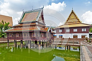 Ho Trai - Traditional Thai-style building used as a library that houses Buddhist scriptures Tripitakal at Wat Mahathat Temple