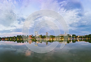 Hoan Kiem lake panorama view at sunset period with ancient Turtle Tower and Hanoi post office. Hoan Kiem lake or Sword lake or Ho