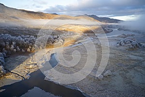 Hoar frost and frozen lake aerial view of ice water and low fog clouds landscape at winter in Loch Dochart Scotland UK