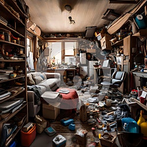 Hoarder\'s home filled with junk - ai generated image