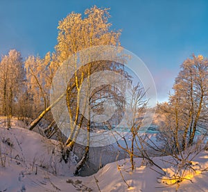 Hoarfrost on the river. Winter frosty dawn.