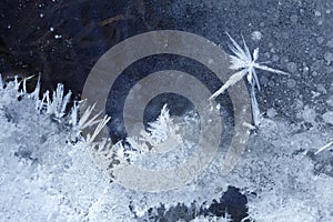 Hoarfrost star on ice background