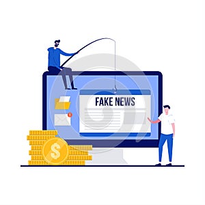 Hoax fake news concept with character. Disinformation or hoaxes spread via online social media or fake news websites. Modern flat