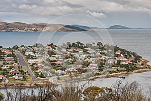 Hobart, Tasmania, Australia - December 13. 2009: Posh Bellerive neighborhood and peninsula across Derwent River from dowtown