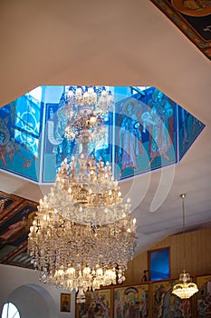 Interior of the Greek Orthodox church of St George the Matyr, showing chandelier centrepiece